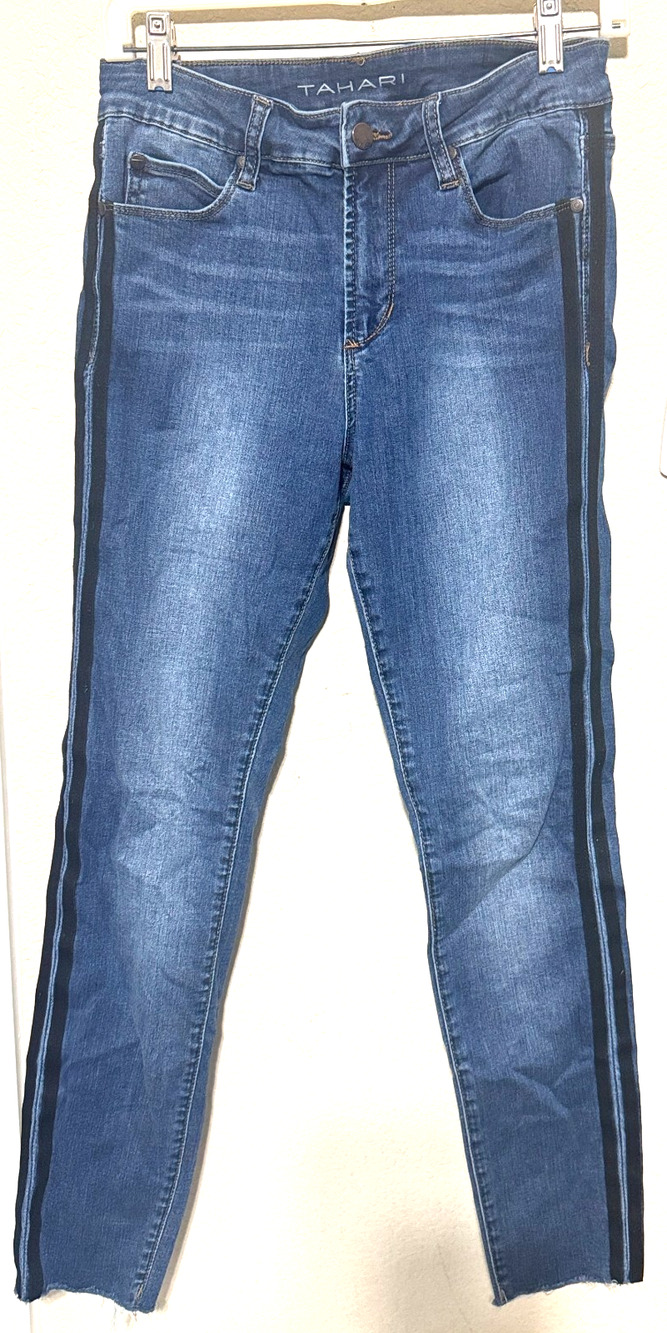 Tahari Womens Skinny Cropped Jeans Size 4/27 side‎ tuxedo stripe raw hem